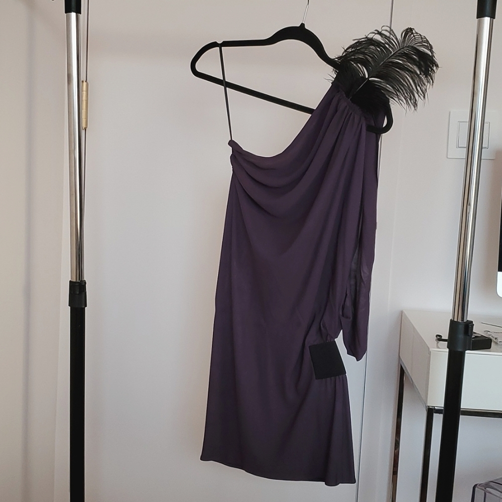 Draped one shouldered top with feather accent